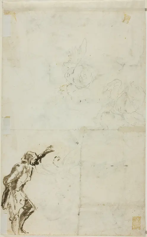 Sheet of Sketches: Standing Man with Raised Arm, Cherubim Wall Art by Giovanni Battista Piranesi - High-Resolution Digital Print