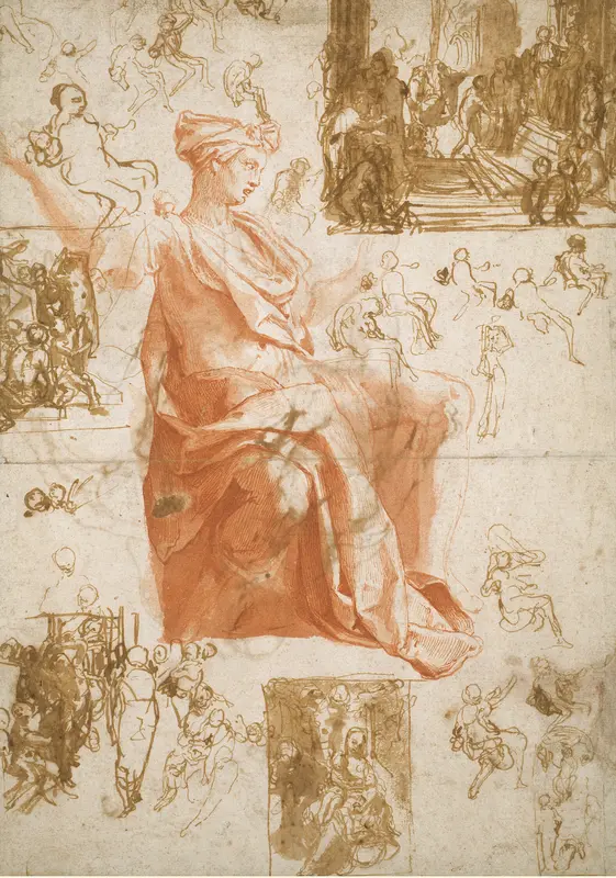Sheet of Studies for the Blinding of Elymas, Sacrifice at Lystra, and a Holy Family Wall Art by Taddeo Zuccaro - High-Resolution Digital Print