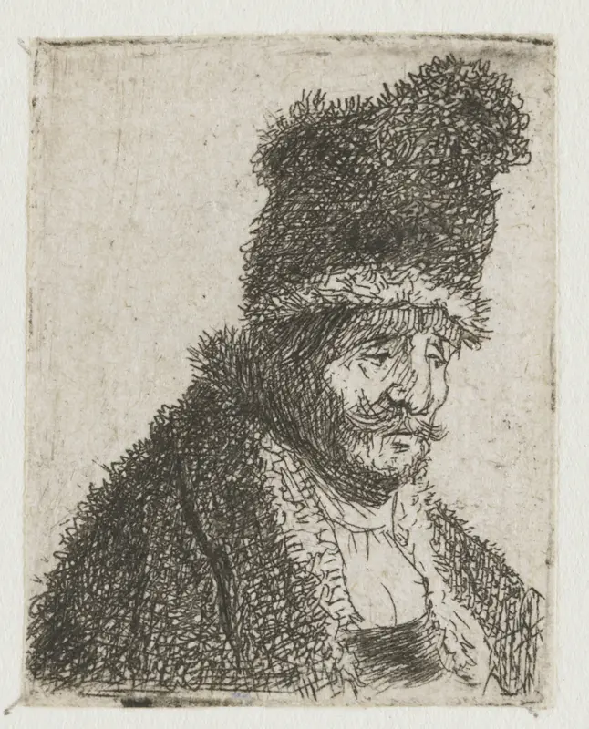 Sheet of studies of men's head: old man in fur coat and high cap Wall Art by Rembrandt van Rijn - High-Resolution Digital Print