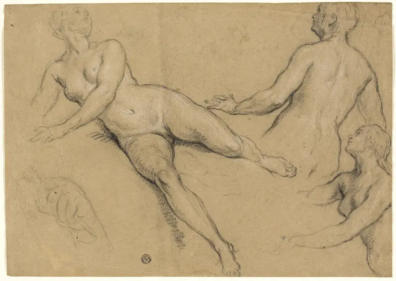 Sheet of Studies: Three Women and a Hand (recto); Sketches of Male Nudes, Heads and Hand (verso) Wall Art by François Marot - High-Resolution Digital Print