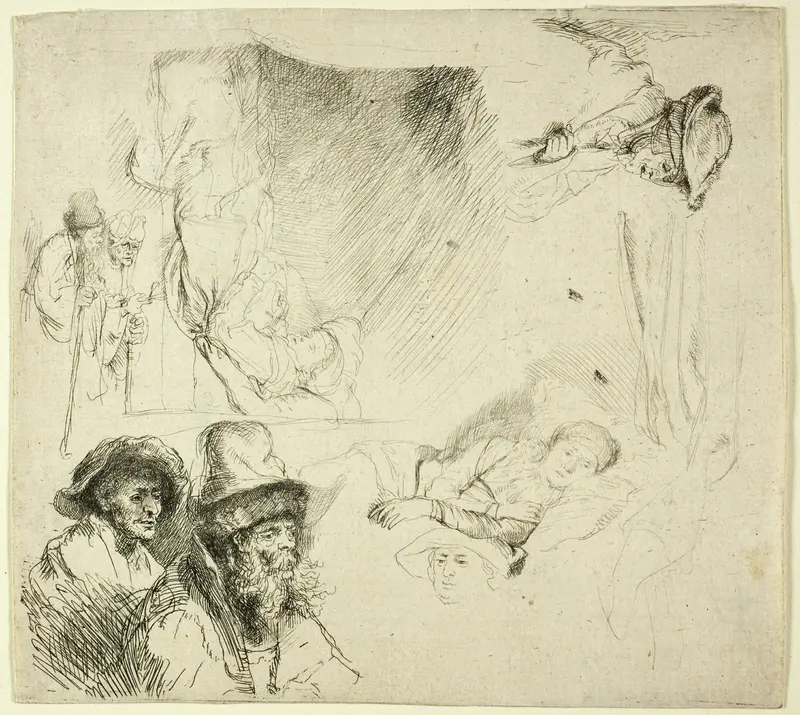 Sheet of Studies, with a Woman Lying Ill in Bed Wall Art by Rembrandt van Rijn - High-Resolution Digital Print