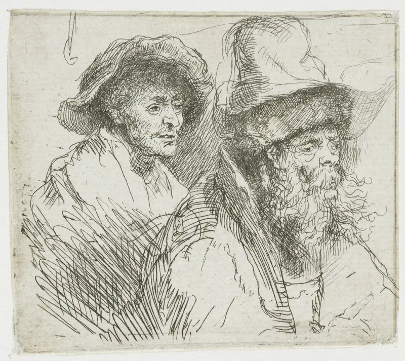 Sheet of studies, with a woman lying ill in bed: busts of two male figures Wall Art by Rembrandt van Rijn - High-Resolution Digital Print