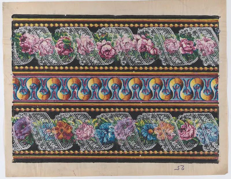 Sheet with a border with floral garlands and lace on a black background Wall Art by Anonymous - High-Resolution Digital Print