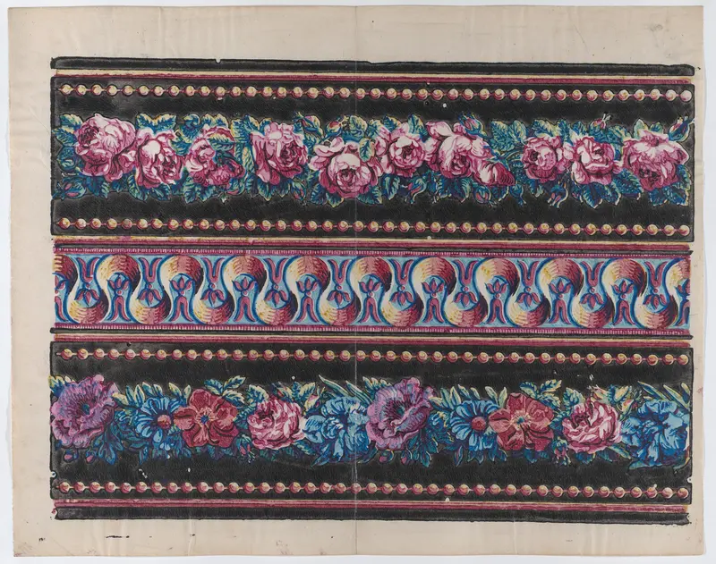 Sheet with a border with pink and multicolor floral garlands on a black background Wall Art by Anonymous - High-Resolution Digital Print
