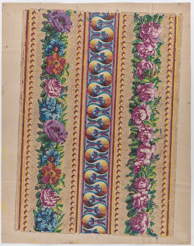Sheet with a border with pink and multicolor floral garlands Wall Art by Anonymous - High-Resolution Digital Print