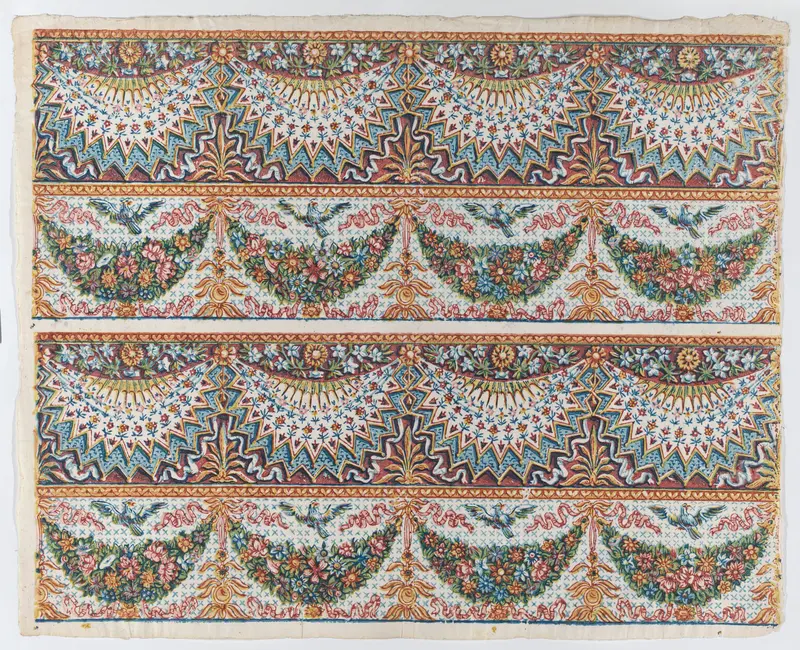 Sheet with a two borders with four hanging draperies,multicolor festoons, and birds Wall Art by Anonymous - High-Resolution Digital Print