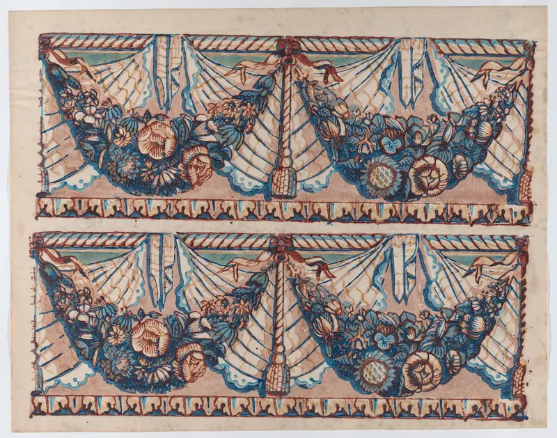 Sheet with a two borders with hanging drapery and two blue floral garlands Wall Art by Anonymous - High-Resolution Digital Print