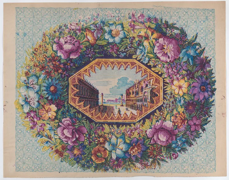 Sheet with a view of San Marco within a floral wreath Wall Art by Anonymous - High-Resolution Digital Print