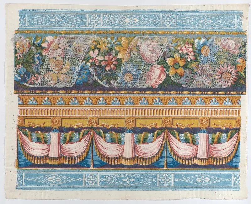 Sheet with lace atop a floral garland with drapery below Wall Art by Anonymous - High-Resolution Digital Print