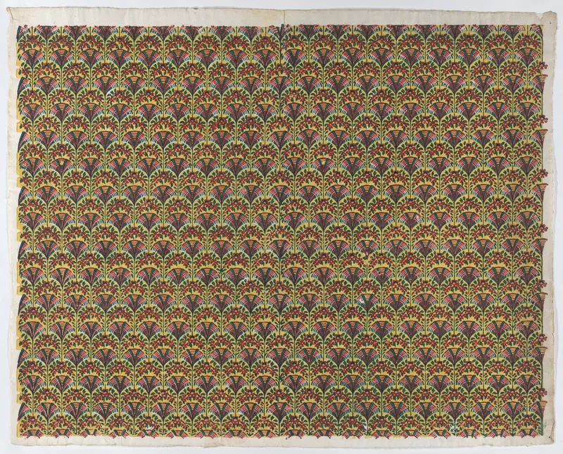 Sheet with overall fan design in yellow, green, and red Wall Art by Anonymous - High-Resolution Digital Print