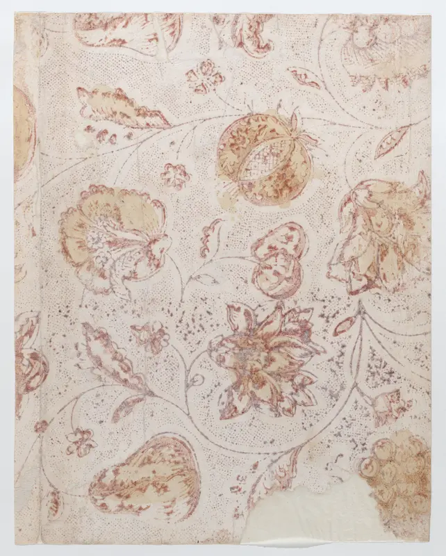 Sheet with overall floral, fruit, and dot pattern Wall Art by Anonymous - High-Resolution Digital Print