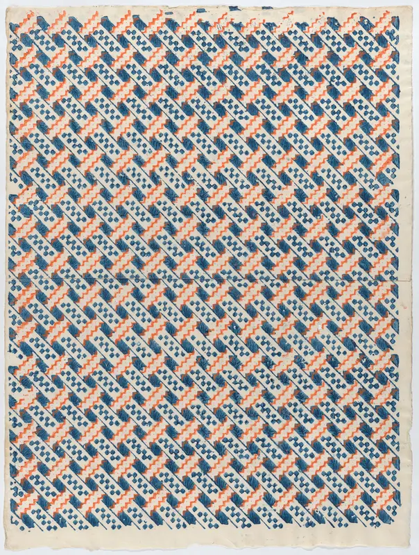 Sheet with overall orange and blue geometric pattern Wall Art by Anonymous - High-Resolution Digital Print