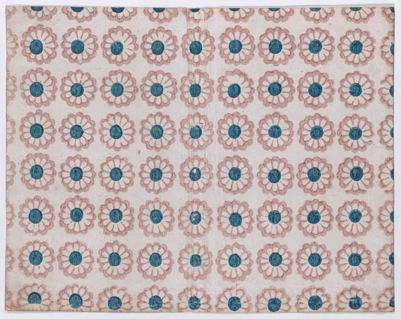 Sheet with overall pattern of pink flowers with blue centers Wall Art by Anonymous - High-Resolution Digital Print