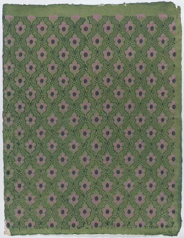 Sheet with overall pink floral pattern on green background Wall Art by Anonymous - High-Resolution Digital Print