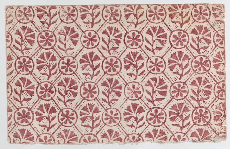 Sheet with overall red geometric and floral pattern Wall Art by Anonymous - High-Resolution Digital Print