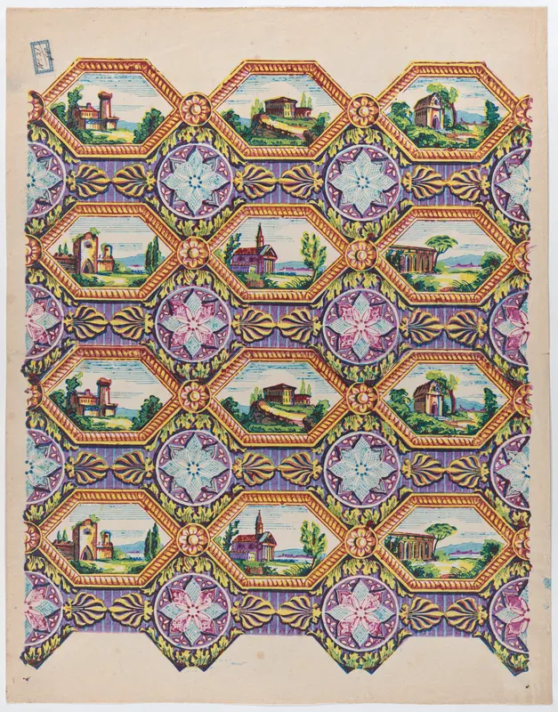 Sheet with pattern of brightly colored landscapes in hexagonal frames Wall Art by Anonymous - High-Resolution Digital Print