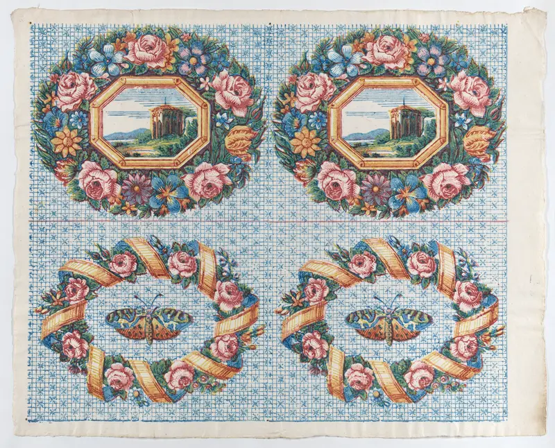 Sheet with two borders with a landscape and moth within wreaths Wall Art by Anonymous - High-Resolution Digital Print