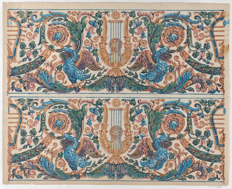Sheet with two borders with a lyre and birds Wall Art by Anonymous - High-Resolution Digital Print