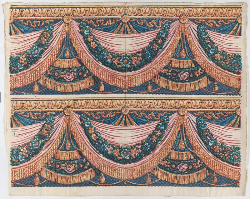 Sheet with two borders with draped curtains and floral garlands Wall Art by Anonymous - High-Resolution Digital Print