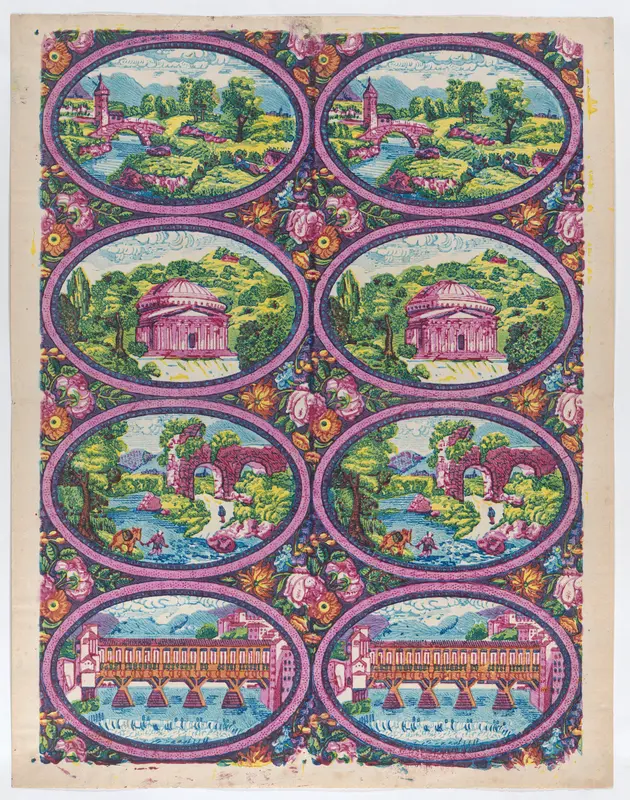 Sheet with two borders with Italian landscapes Wall Art by Anonymous - High-Resolution Digital Print