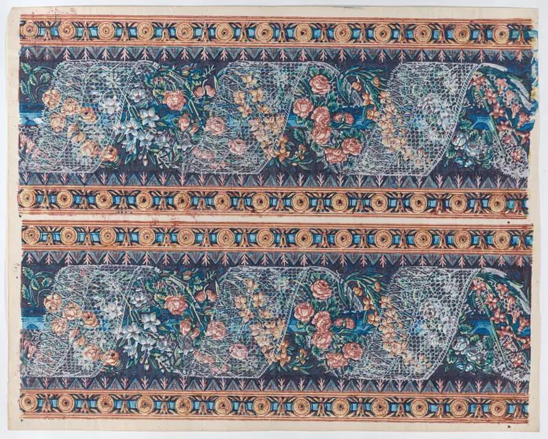 Sheet with two borders with lace atop a floral garland against a navy background Wall Art by Anonymous - High-Resolution Digital Print