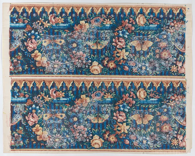 Sheet with two borders with lace atop floral wreaths and butterflies Wall Art by Anonymous - High-Resolution Digital Print