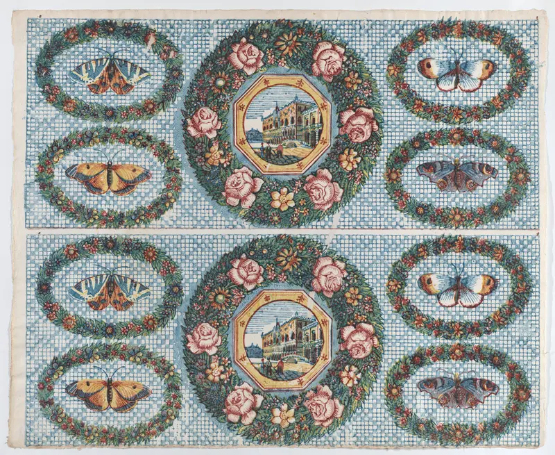 Sheet with two borders with landscapes and moths within wreaths Wall Art by Anonymous - High-Resolution Digital Print