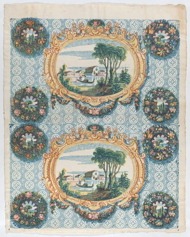 Sheet with two borders with landscapes within frames and wreaths Wall Art by Anonymous - High-Resolution Digital Print