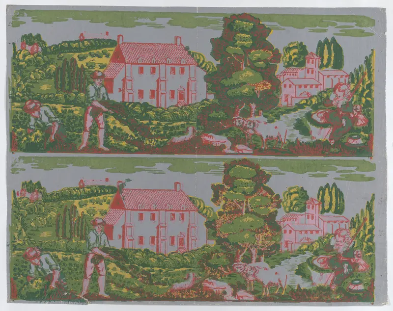Sheet with two borders with pastoral landscapes on a gray background Wall Art by Anonymous - High-Resolution Digital Print