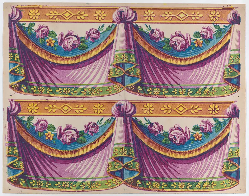 Sheet with two borders with purple drapery and floral designs Wall Art by Anonymous - High-Resolution Digital Print