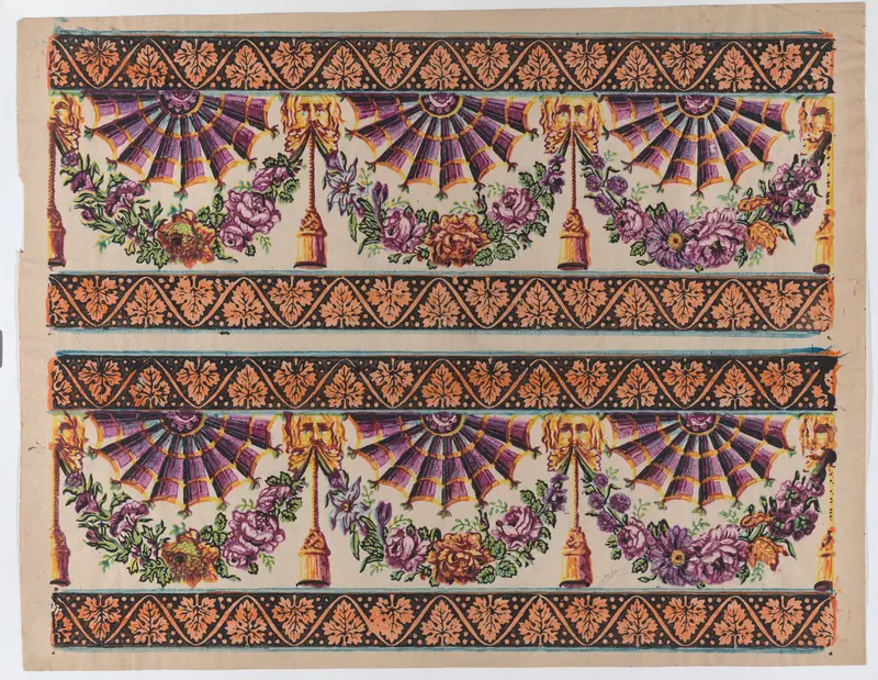 Sheet with two borders with three fans and floral garlands Wall Art by Anonymous - High-Resolution Digital Print