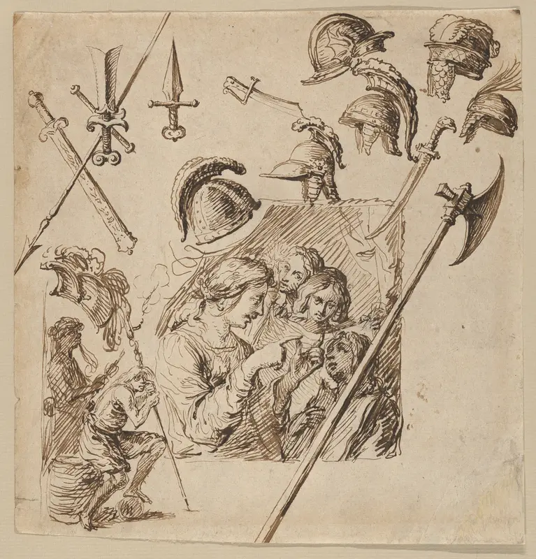 Sheet with Two Figural Compositions and Studies of Helmets and Arms Wall Art by Jacques de Gheyn II - High-Resolution Digital Print