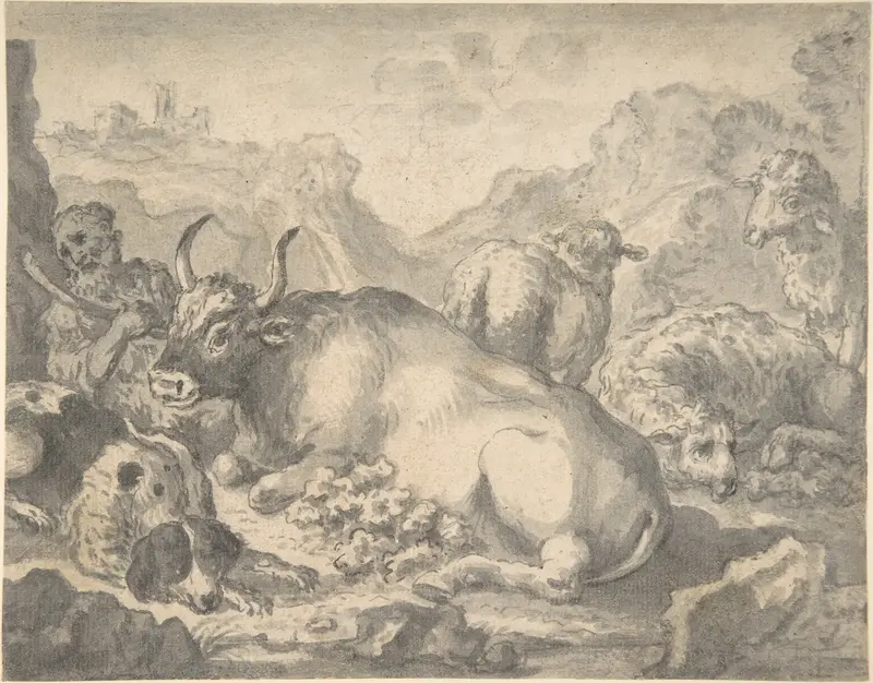 Sheperd with his Flock and a Dog Wall Art by Anonymous, Flemish, 17th century - High-Resolution Digital Print