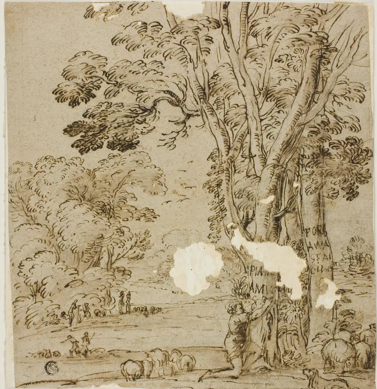 Shepherd Carving an Inscription on Tree Trunk with Figures and Sheep in Background Wall Art by Agostino Tassi - High-Resolution Digital Print