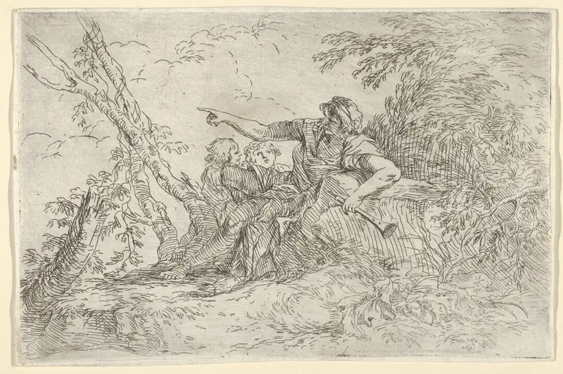 Shepherd holding a flute and two other figures in a landscape Wall Art by Salvator Rosa - High-Resolution Digital Print
