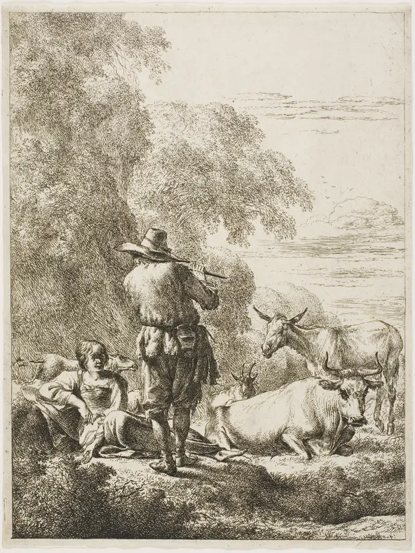 Shepherd Playing a Flute Wall Art by Nicolaes Berchem - High-Resolution Digital Print