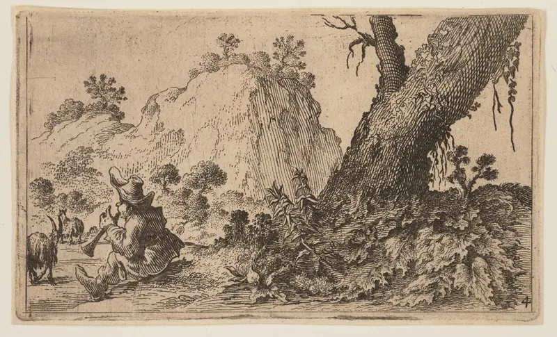 Shepherd Playing a Recorder to a Flock of Goats, from Twelve Landscapes Wall Art by Gillis van Scheyndel - High-Resolution Digital Print
