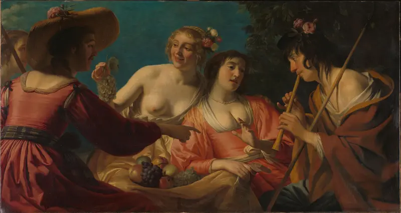Shepherd Playing the Flute, and Four Shepherdesses Wall Art by Unknown - High-Resolution Digital Print