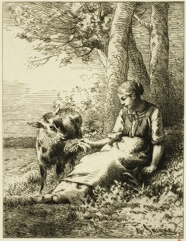 Shepherd with Flock of Sheep at Edge of Wood