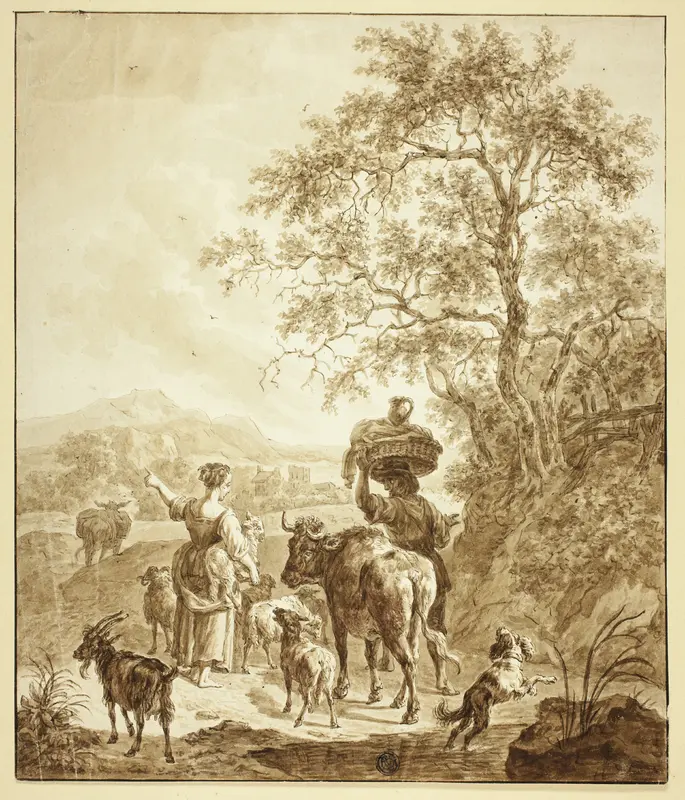 Shepherdess and Peasant with Flock in Italianate Landscape Wall Art by Nicolaes Berchem - High-Resolution Digital Print