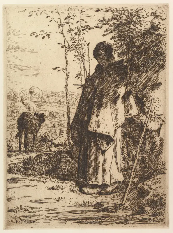 Shepherdess Knitting Wall Art by Jean-François Millet - High-Resolution Digital Print