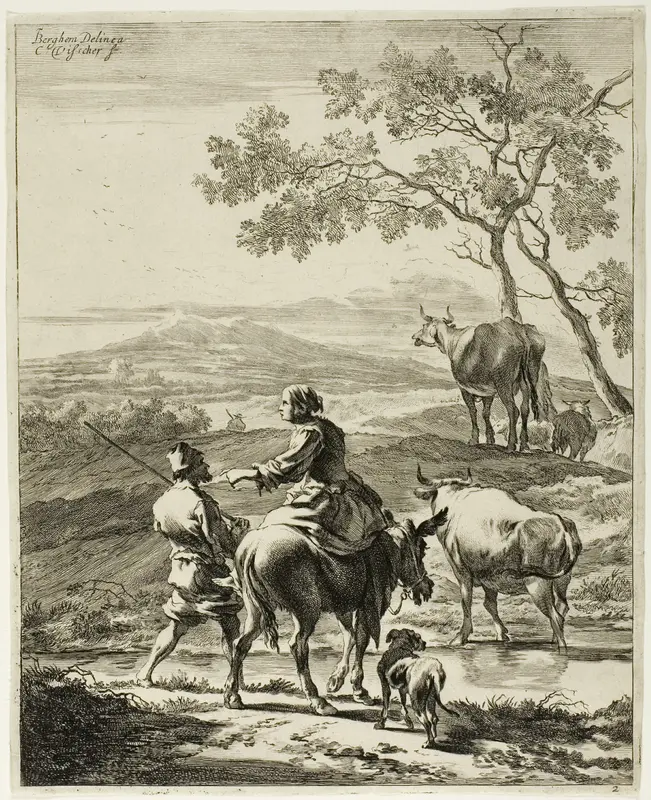 Shepherdess Riding on a Donkey, plate 2 from Four Landscapes Wall Art by Cornelis Visscher - High-Resolution Digital Print