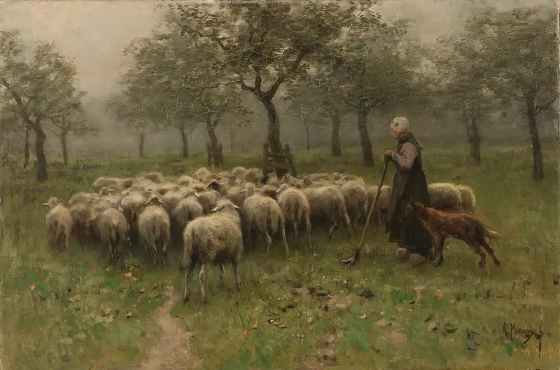Shepherdess with a Flock of Sheep Wall Art by Unknown - High-Resolution Digital Print
