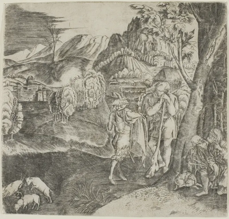 Shepherds and Satyr in a Landscape Wall Art by Agostino dei Musi - High-Resolution Digital Print