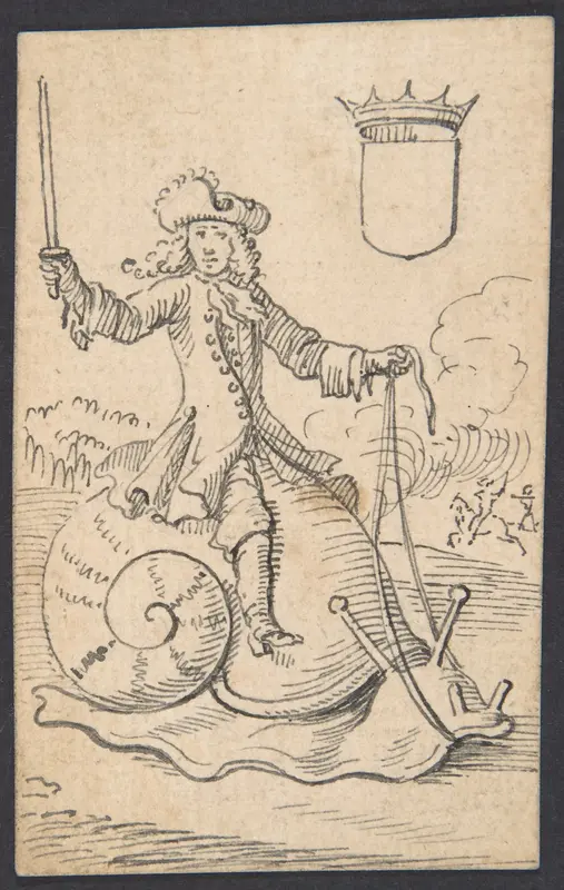 Shield King: A Man Astride a Snail Wall Art by Johannes Brandenberg - High-Resolution Digital Print
