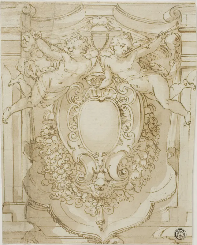 Shield of Cardinal with Two Trumpeting Putti Wall Art by Style of Lazzaro Tavarone - High-Resolution Digital Print