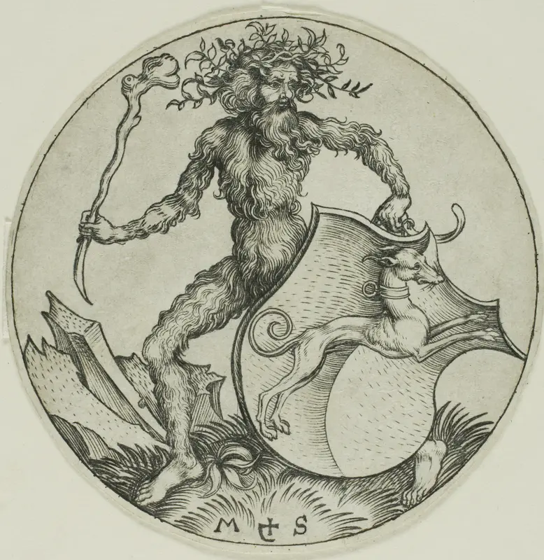 Shield with a Greyhound, Held by a Wild Man Wall Art by Martin Schongauer - High-Resolution Digital Print