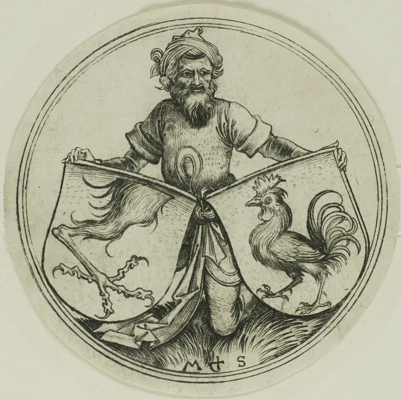 Shield with a Griffin's Foot and Shield with a Cock Held by a Moor Wall Art by Martin Schongauer - High-Resolution Digital Print