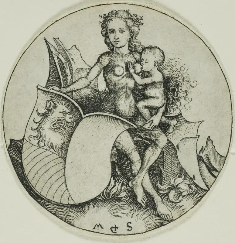 Shield with a Lion's Head, Held by a Wild Woman Wall Art by Martin Schongauer - High-Resolution Digital Print