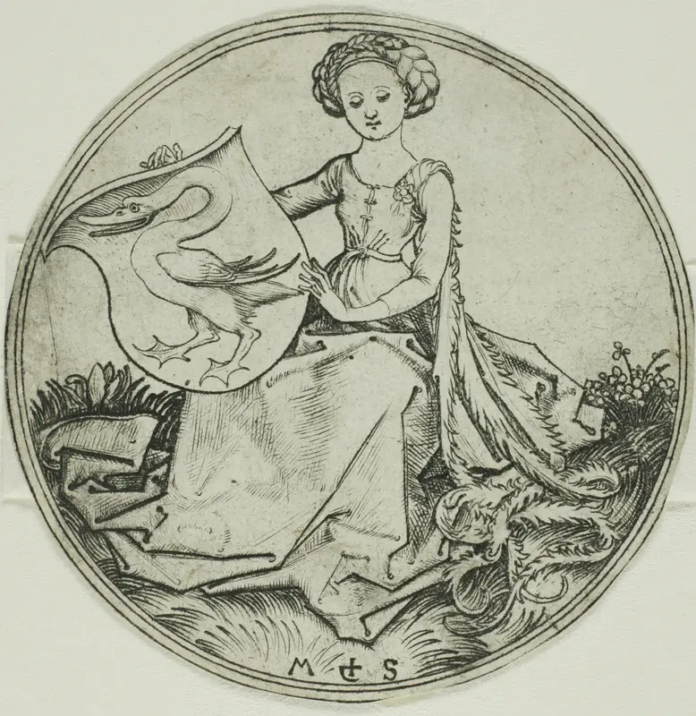 Shield with a Swan, Held by a Seated Lady Wall Art by Martin Schongauer - High-Resolution Digital Print